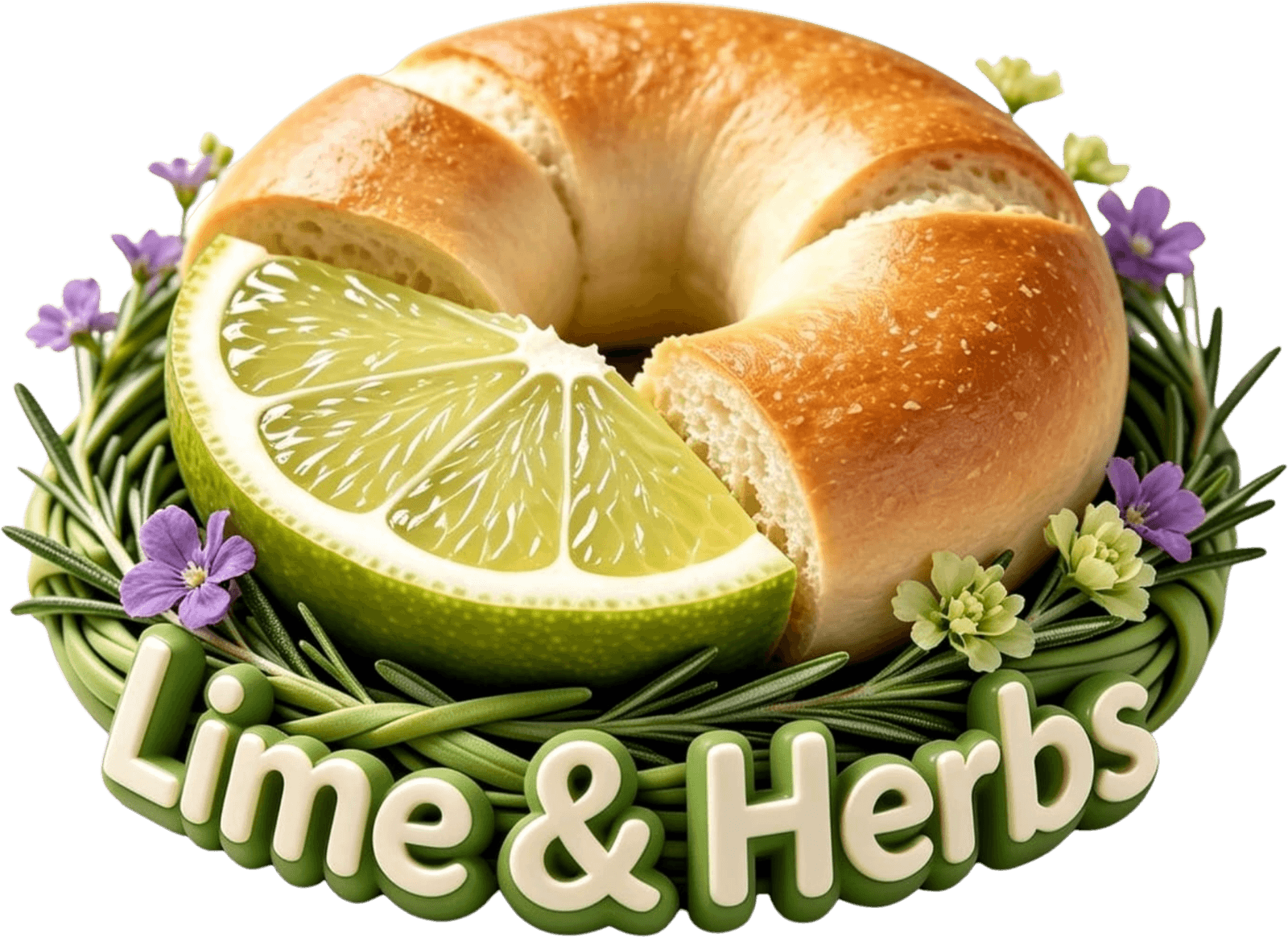 Lime & Herbs — a bagel resting in a rosemary wreath with a lime wedge, purple and chartreuse flowers around it